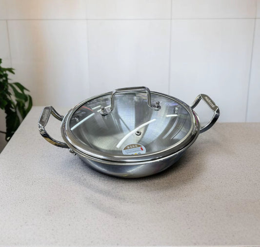 Mastercook Stainless Steel Karai/wok With Glass Lid Tri Ply Body Induction Friendly STEEL30CM 30cm - Image 2