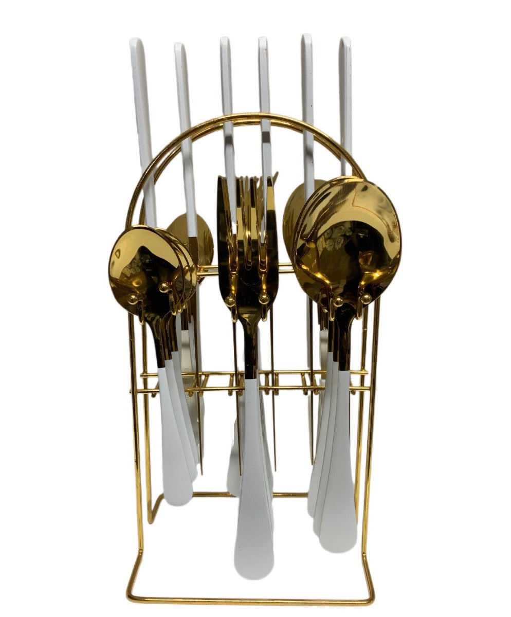 Gold & White Cutlery Set With Stand SET24PC Gold Set Of 24 - Image 2