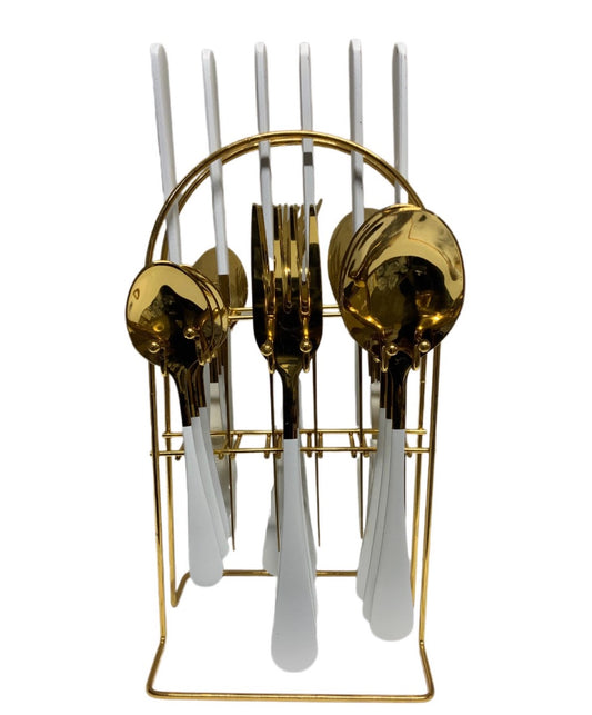 Gold & White Cutlery Set With Stand SET24PC Gold Set Of 24 - Image 2