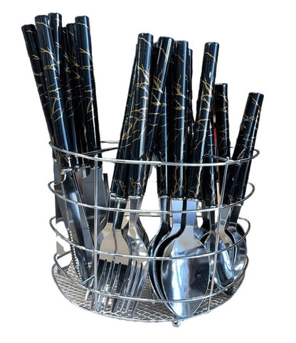 Black Marble Cutlery Set With Stand SET24PC Black Set Of 24 - Image 1