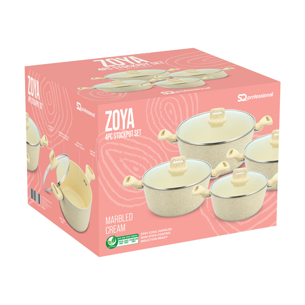 Zoya Ceramic Non-Stick Stockpot 4 Piece Set with Glass Lids – Forged Aluminium, Induction Ready