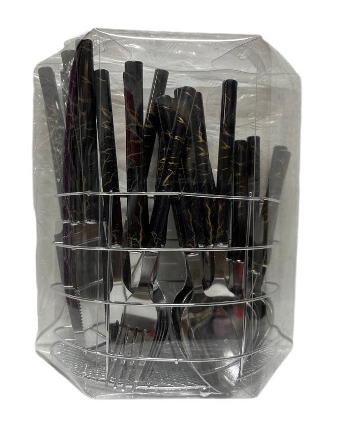 Black Marble Cutlery Set With Stand SET24PC Black Set Of 24 - Image 3