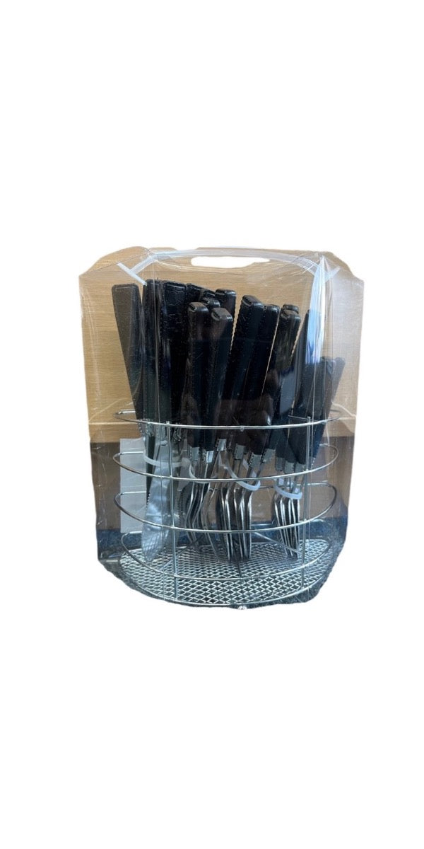 Black Leather Cutlery Set With Stand SET24PC Black Set Of 24 - Image 3