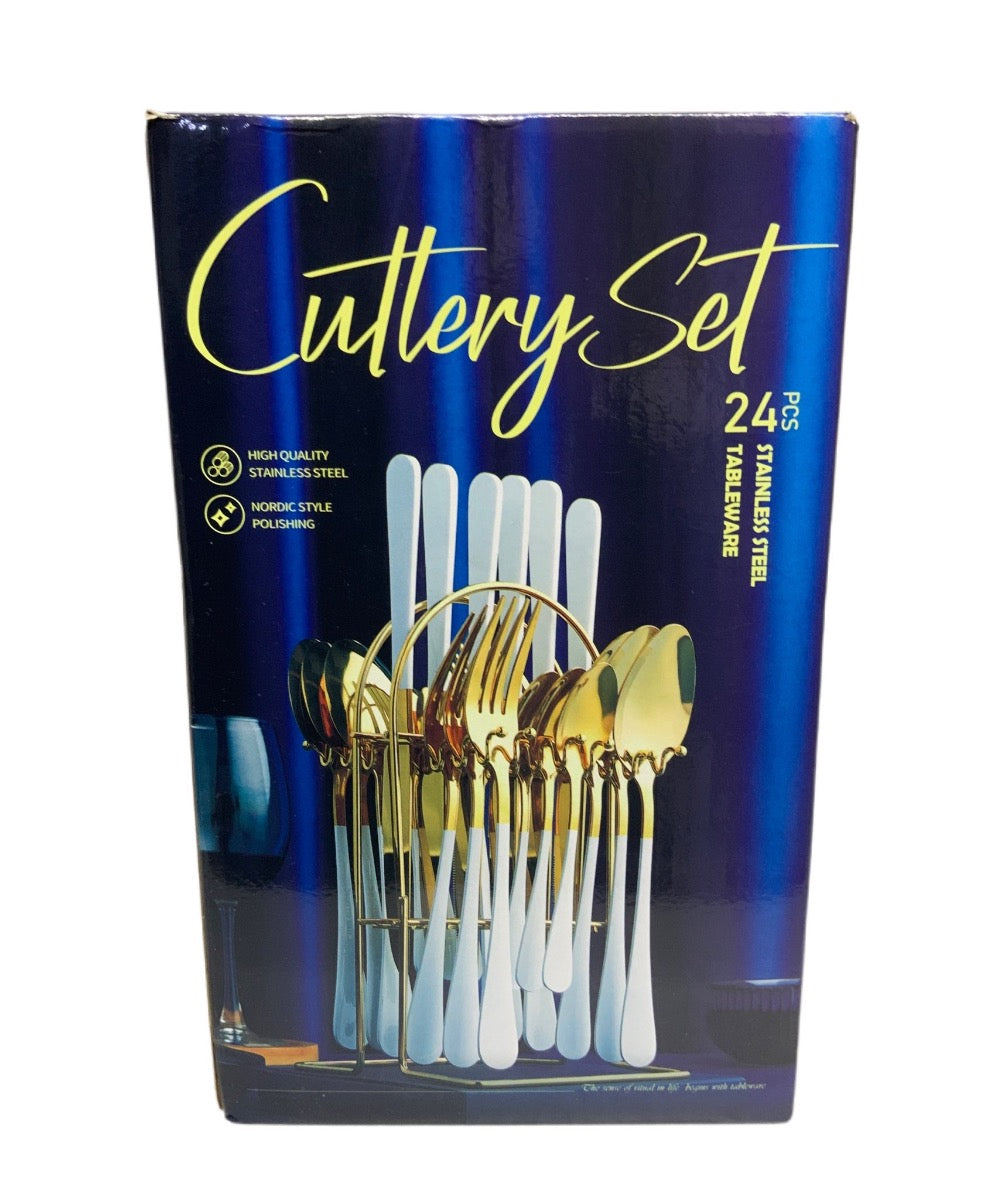 Gold & White Cutlery Set With Stand SET24PC Gold Set Of 24 - Image 4