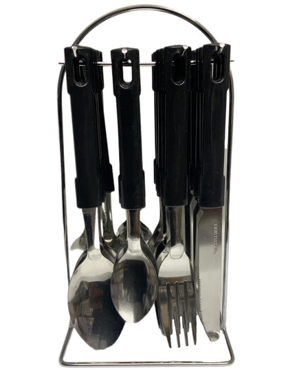 Plain Black Cutlery Set With Stand SET24PC Black Set Of 24 - Image 1