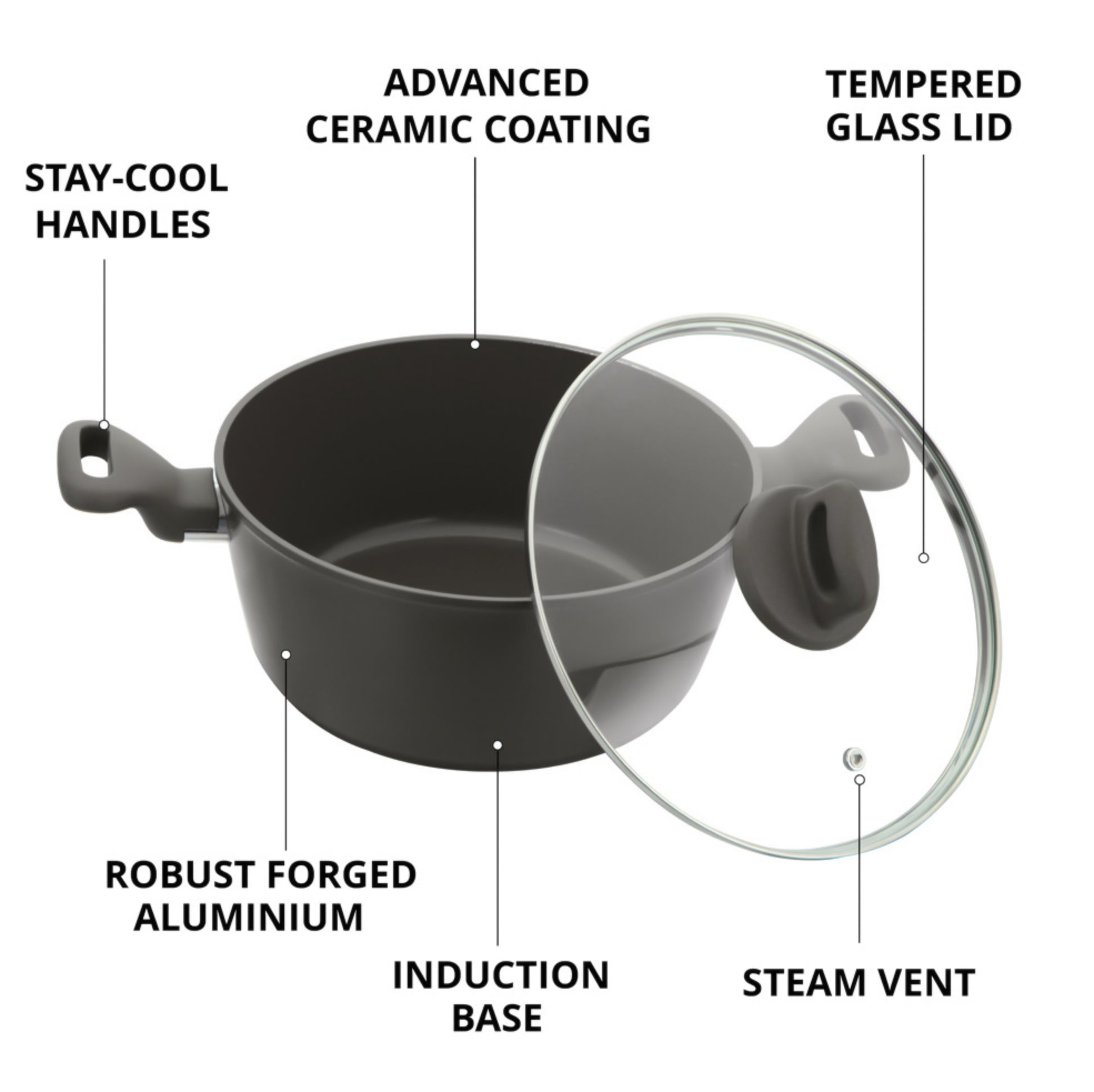 Zoya Stockpot Set With Glass Lid Forged Aluminium Body Ceramic Non Stick Coating Induction Ready - Image 8