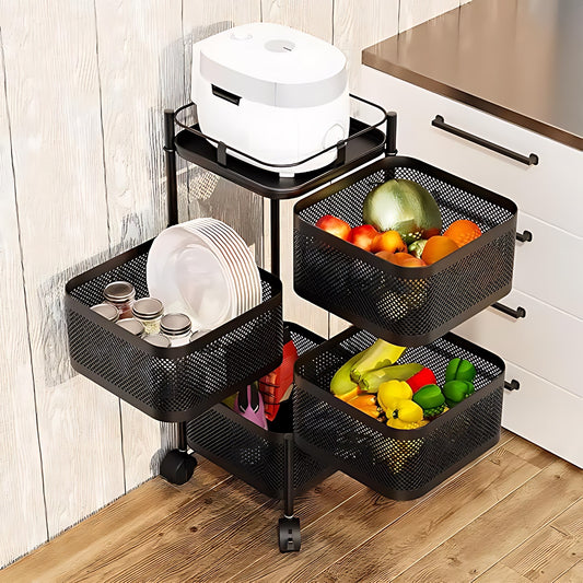 4 Tier Square Black Carbon Steel Vegetable Trolley/baskets With Wheels Home Organizer Black - Image 2