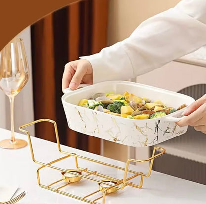 Medium Ceramic Chafing Dish Food Warmer With Glass Lid - Image 2