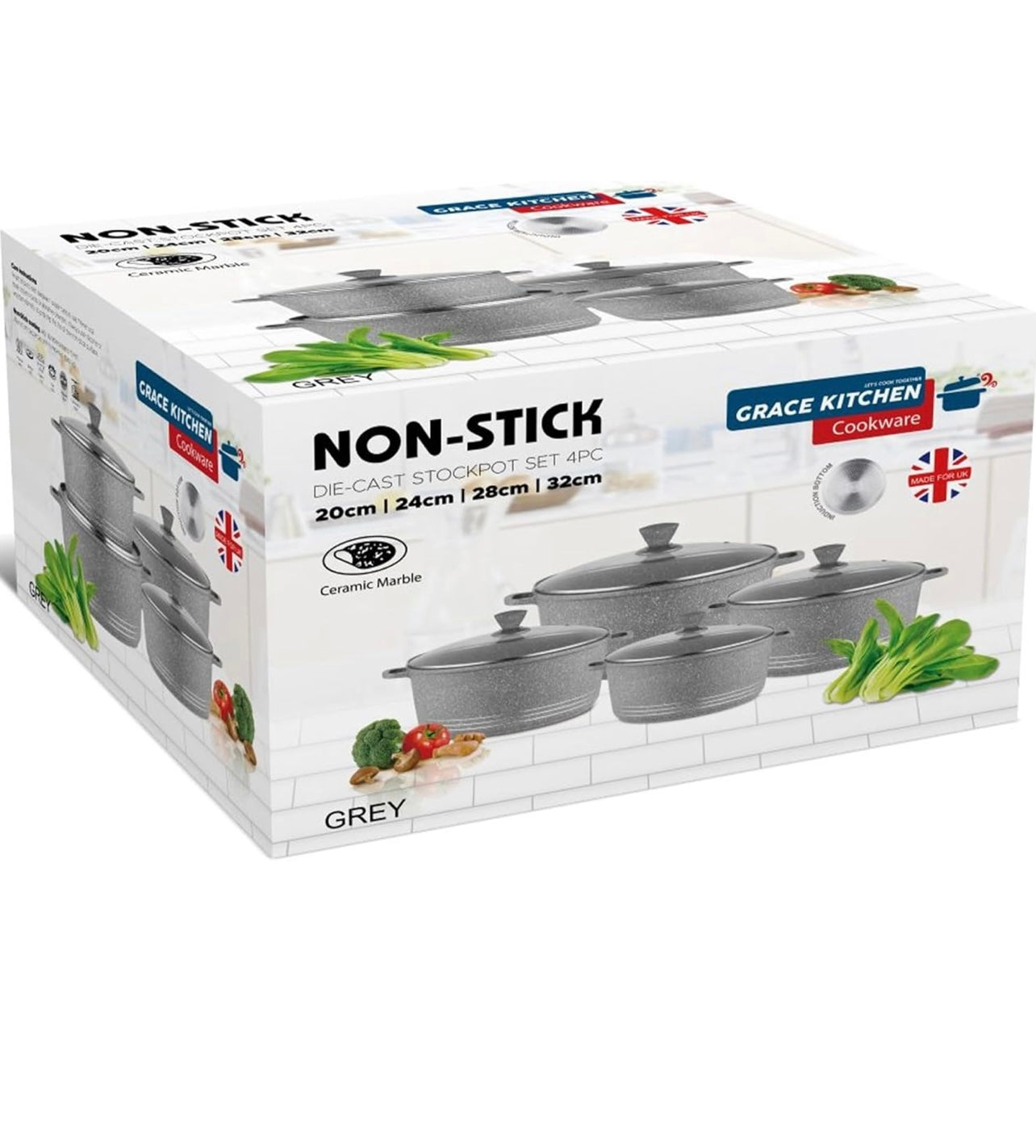 4Pc Grace Grey Die-Cast Non-Stick Induction Base Stockpot Set
