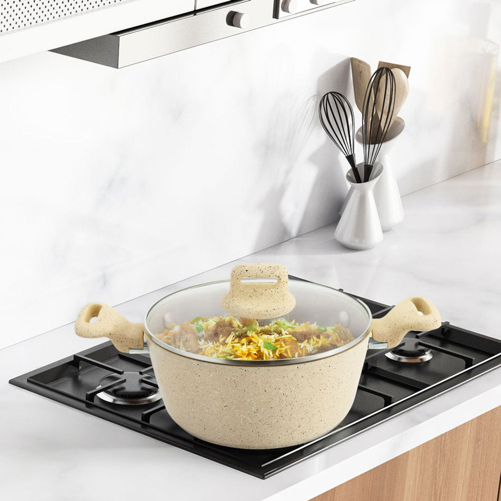 Zoya Ceramic Non-Stick Stockpot 4 Piece Set with Glass Lids – Forged Aluminium, Induction Ready