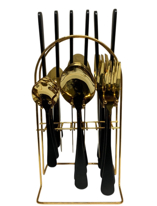 Black & Gold Cutlery Set With Stand SET24PC Black Set Of 24 - Image 2