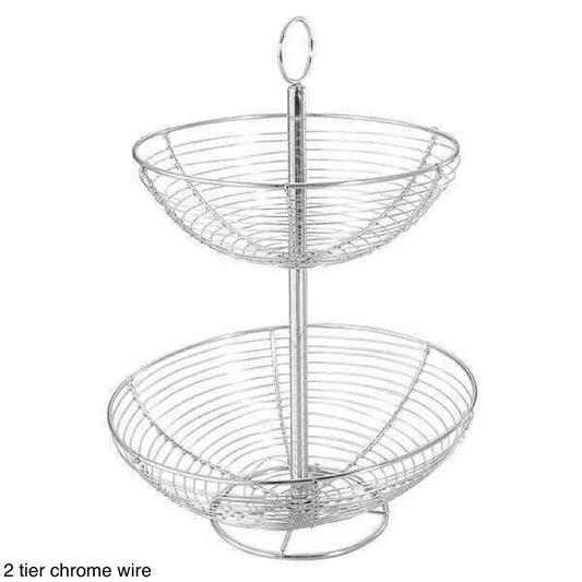 2 Tier Chrome Round Wire Fruit Basket - Image 1