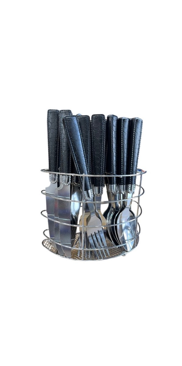 Black Leather Cutlery Set With Stand SET24PC Black Set Of 24 - Image 2