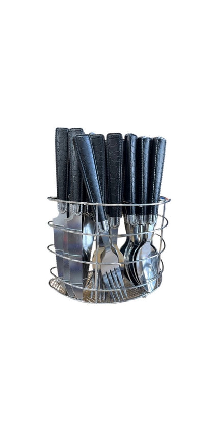 Black Leather Cutlery Set With Stand SET24PC Black Set Of 24 - Image 2