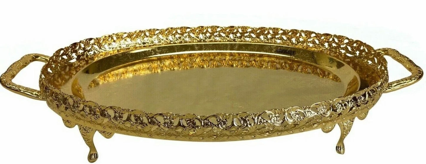 Golden Oval Paandan Tray With Ball Feet And Handle - Image 1