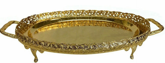 Golden Oval Paandan Tray With Ball Feet And Handle - Image 1