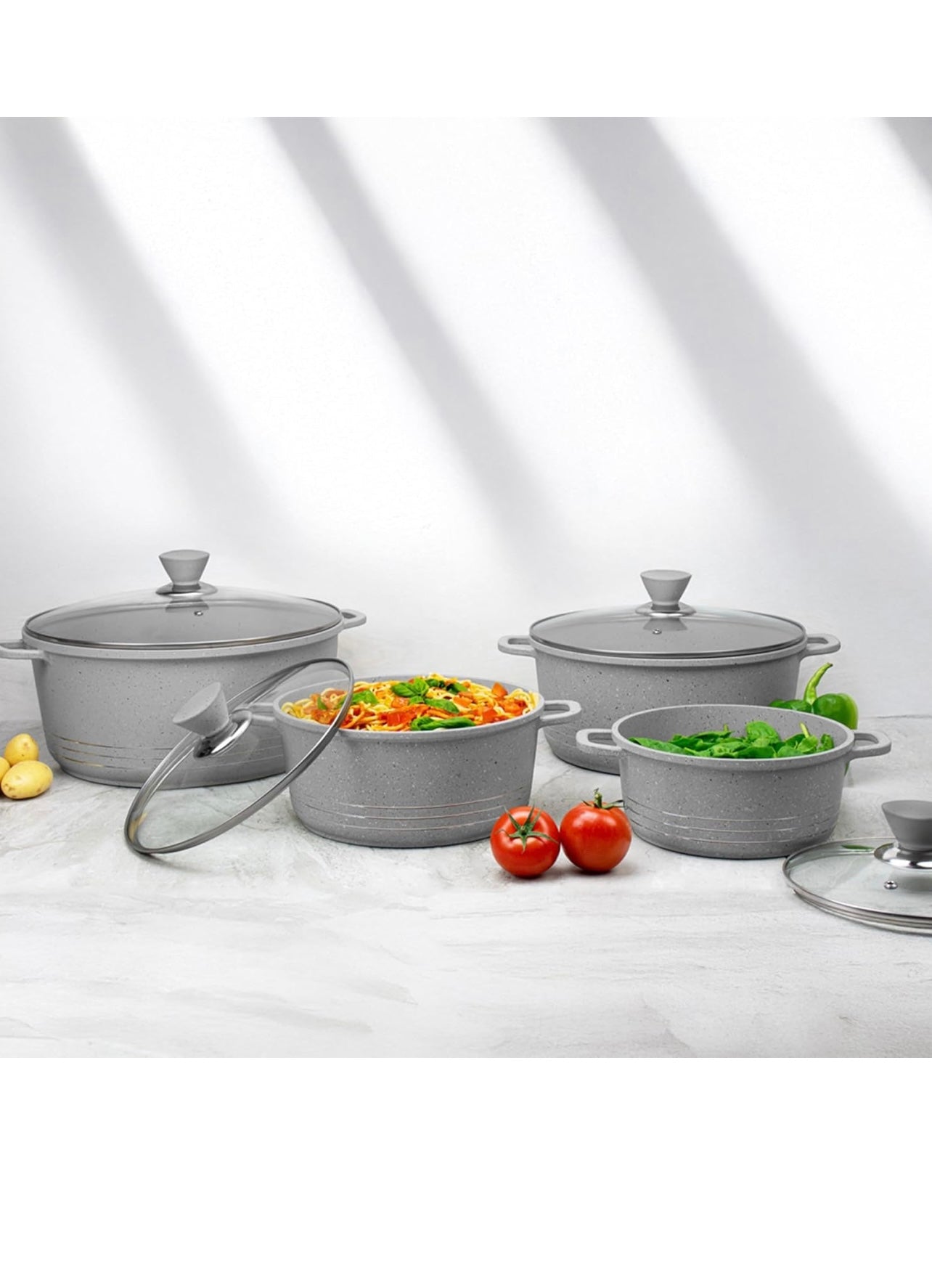 4Pc Grace Grey Die-Cast Non-Stick Induction Base Stockpot Set