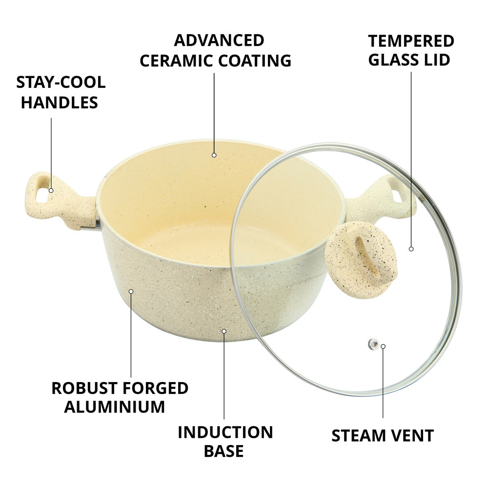 Zoya Ceramic Non-Stick Stockpot 4 Piece Set with Glass Lids – Forged Aluminium, Induction Ready