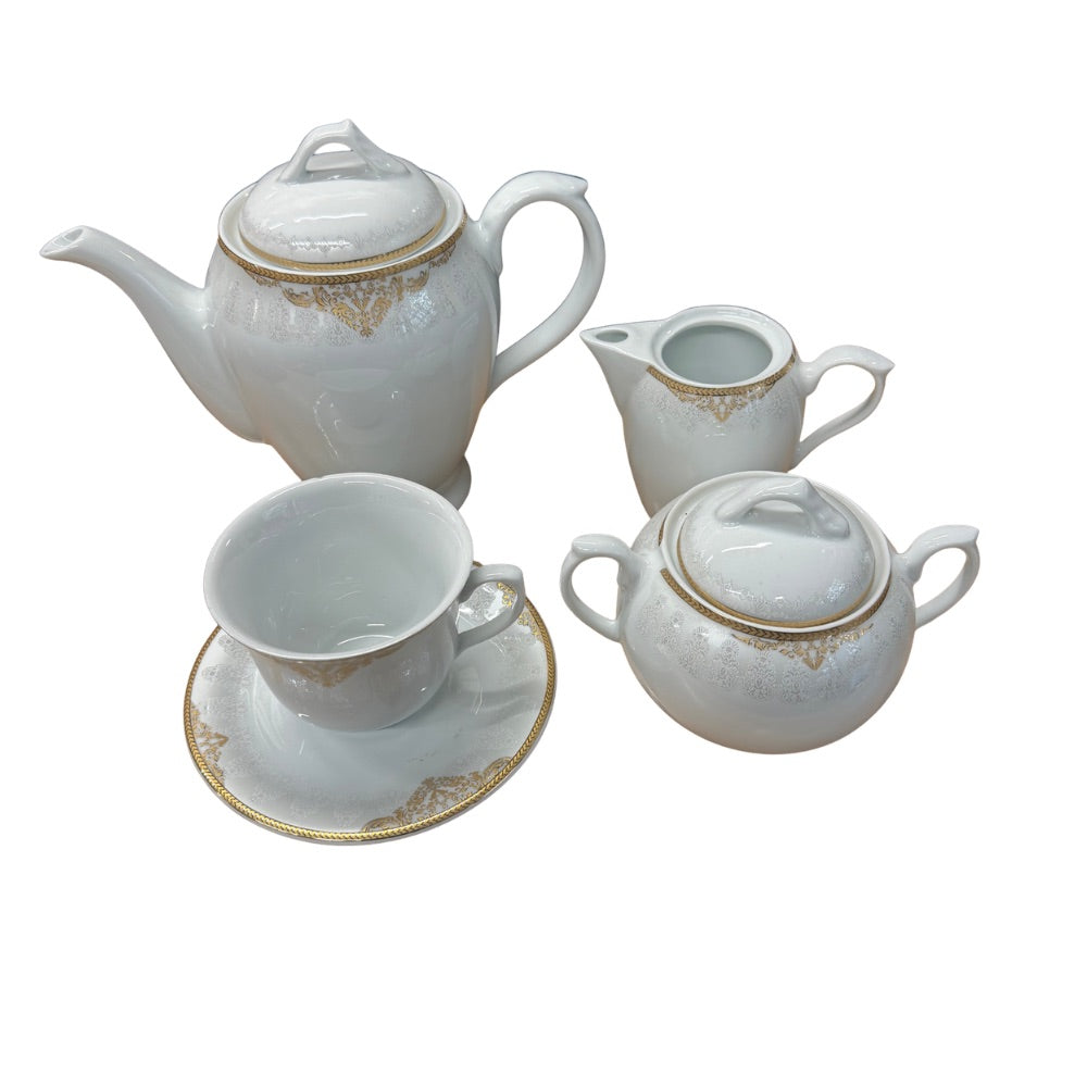 15PC gold design Porcelain Tea Set with 6 Cups Saucers Teapot Sugar Pot & Milk Jug