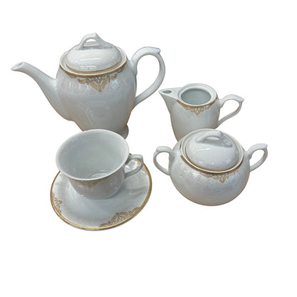 15PC gold design Porcelain Tea Set with 6 Cups Saucers Teapot Sugar Pot & Milk Jug