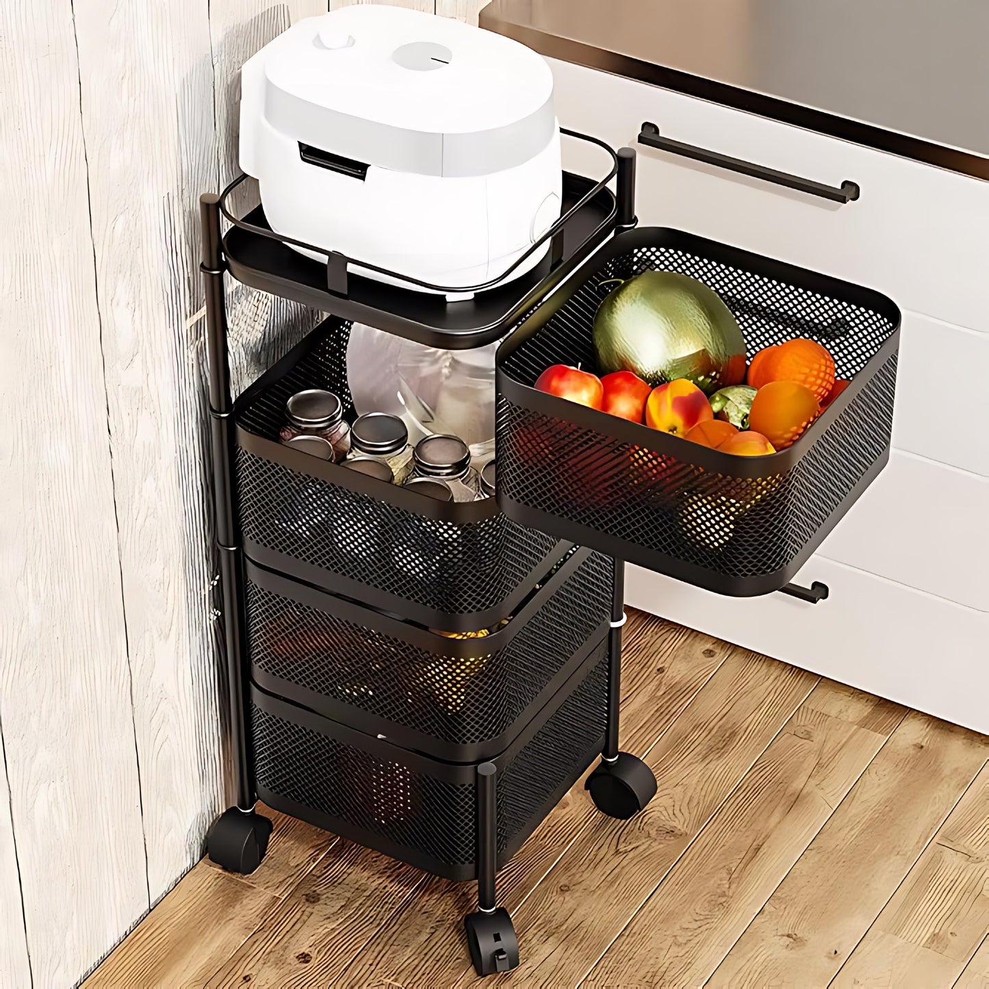 4 Tier Square Black Carbon Steel Vegetable Trolley/baskets With Wheels Home Organizer Black - Image 4