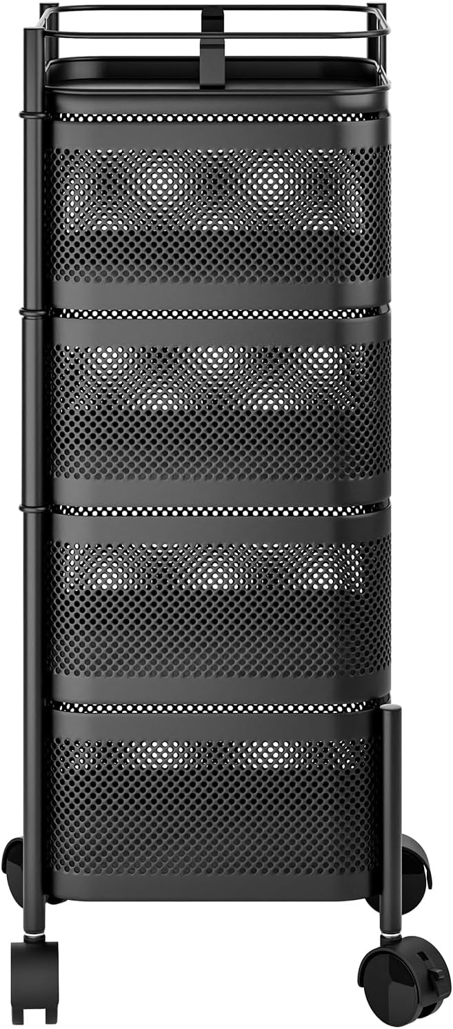 4 Tier Square Black Carbon Steel Vegetable Trolley/baskets With Wheels Home Organizer Black - Image 7