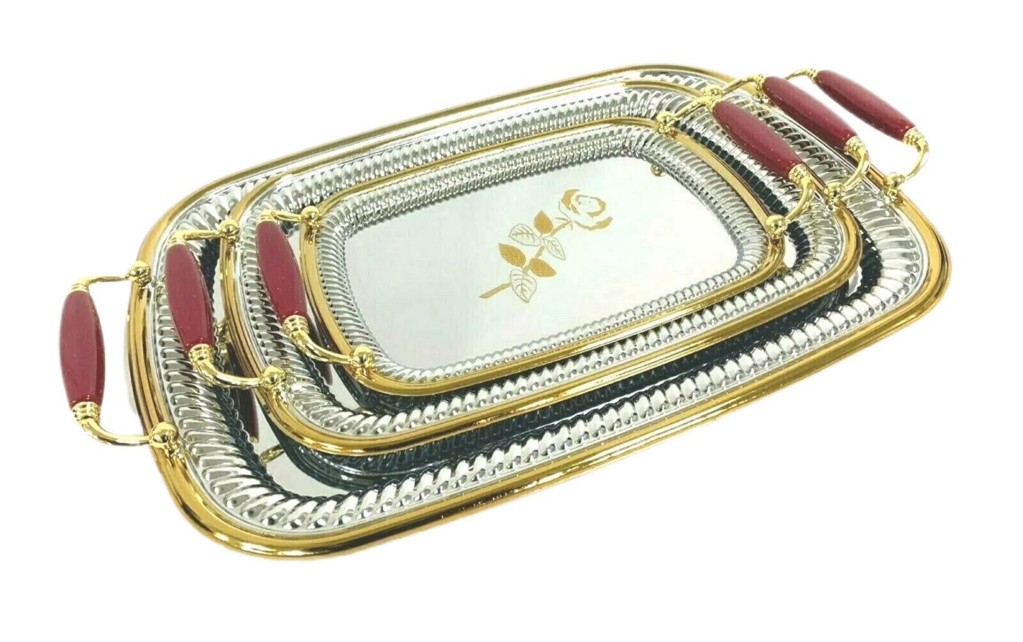 Silver Serving Tray With Gold Plated Design Rectangle Silver Set Of 3 - Image 2