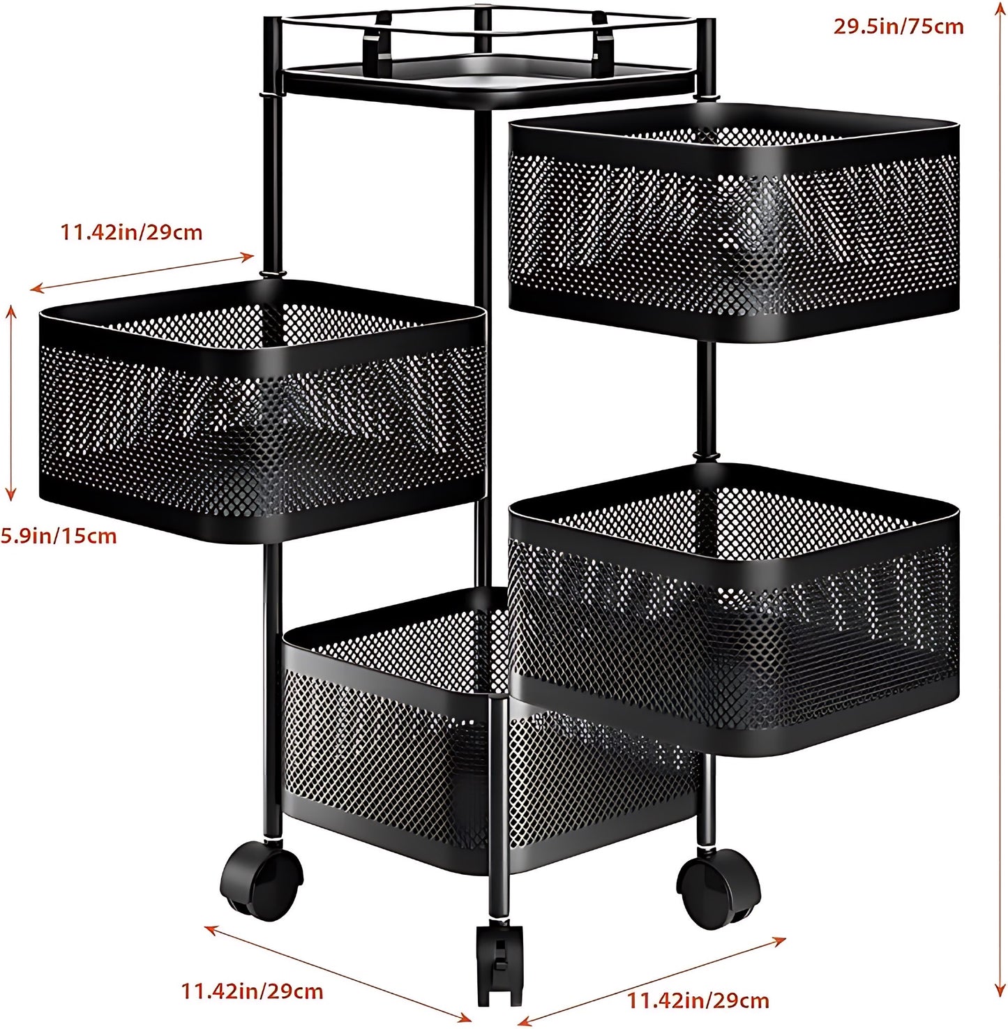 4 Tier Square Black Carbon Steel Vegetable Trolley/baskets With Wheels Home Organizer Black - Image 6