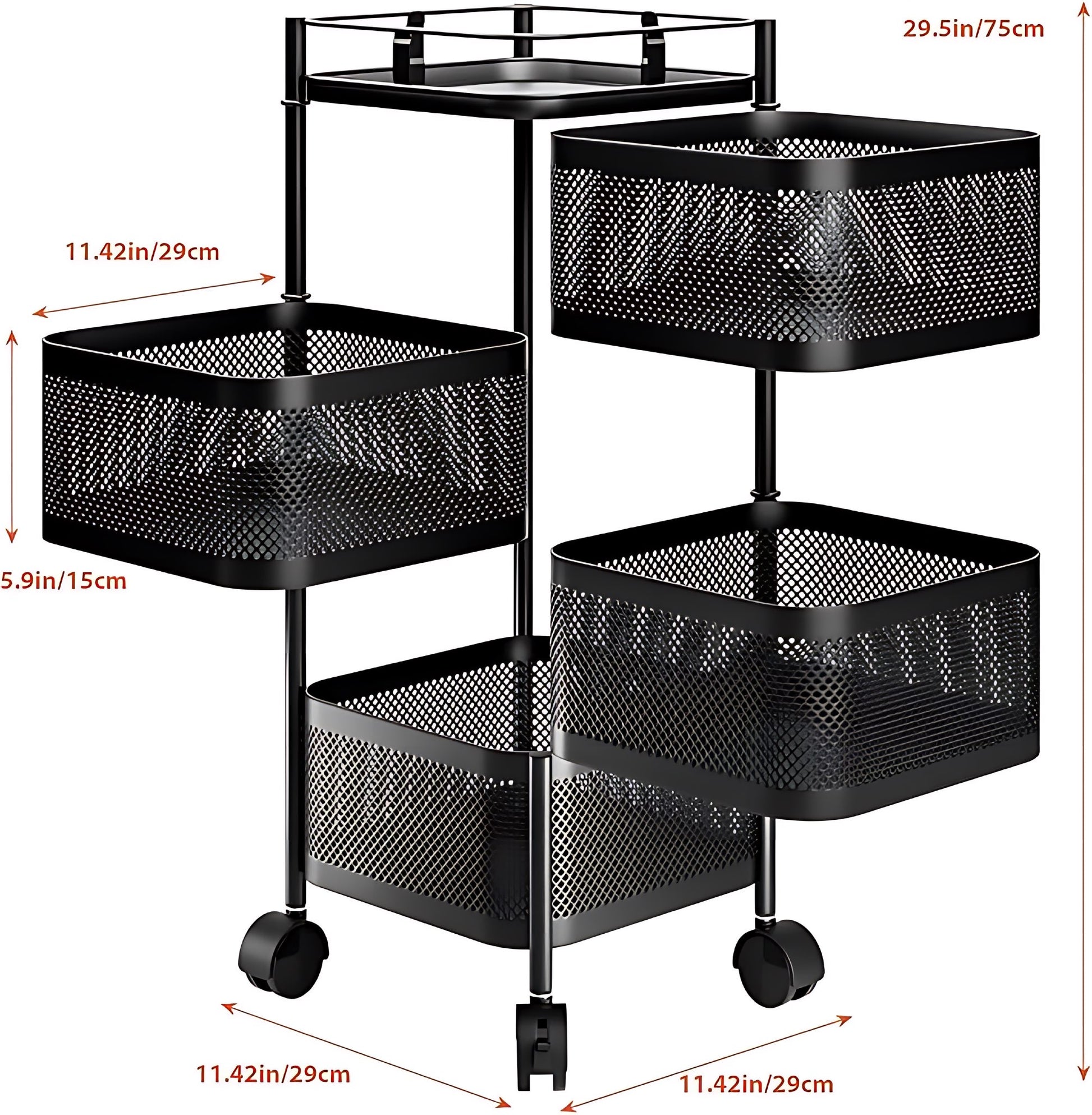 4 Tier Square Black Carbon Steel Vegetable Trolley/baskets With Wheels Home Organizer Black - Image 6
