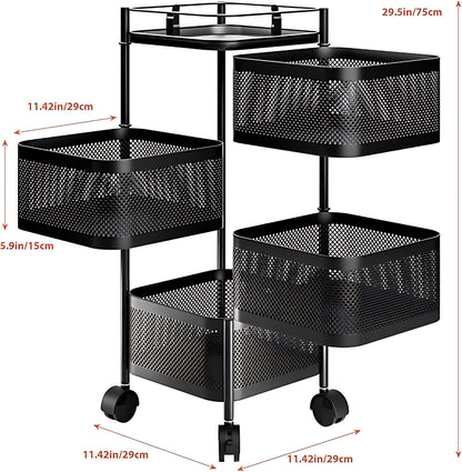 4 Tier Square Black Carbon Steel Vegetable Trolley/baskets With Wheels Home Organizer Black - Image 6