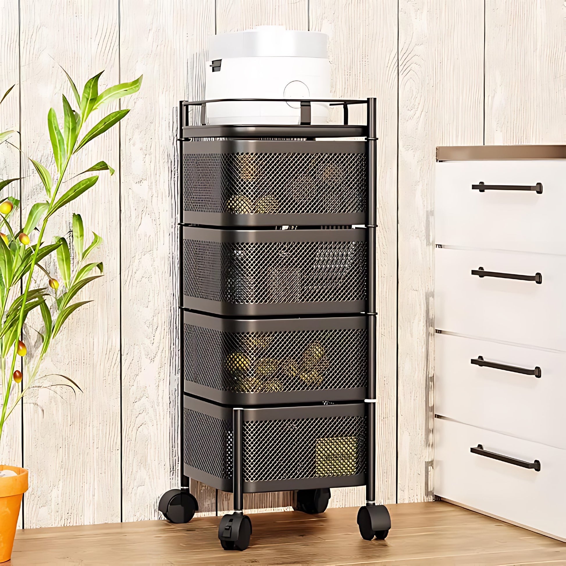 4 Tier Square Black Carbon Steel Vegetable Trolley/baskets With Wheels Home Organizer Black - Image 3