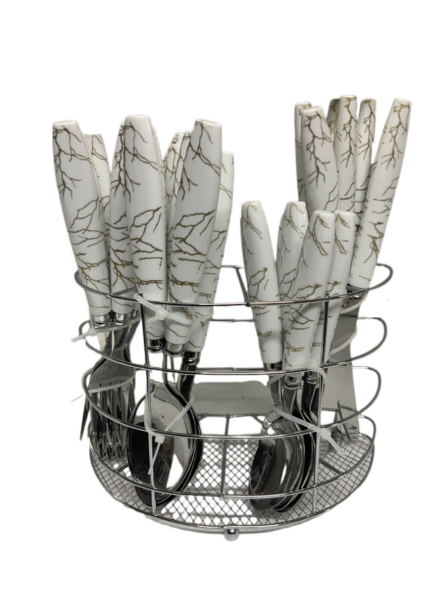 White Marble Cutlery Set With Stand SET24PC White Set Of 24 - Image 1