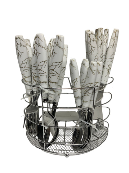 White Marble Cutlery Set With Stand SET24PC White Set Of 24 - Image 1
