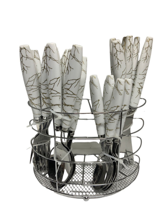 White Marble Cutlery Set With Stand SET24PC White Set Of 24 - Image 1