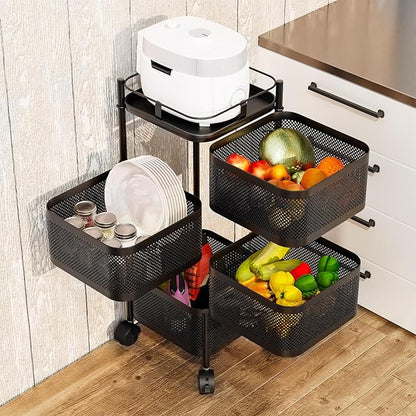 4 Tier Square Black Carbon Steel Vegetable Trolley/baskets With Wheels Home Organizer Black - Image 1
