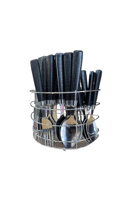 Black Leather Cutlery Set With Stand SET24PC Black Set Of 24 - Image 1