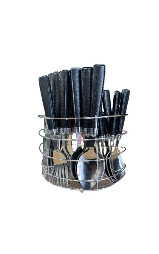 Black Leather Cutlery Set With Stand SET24PC Black Set Of 24 - Image 1