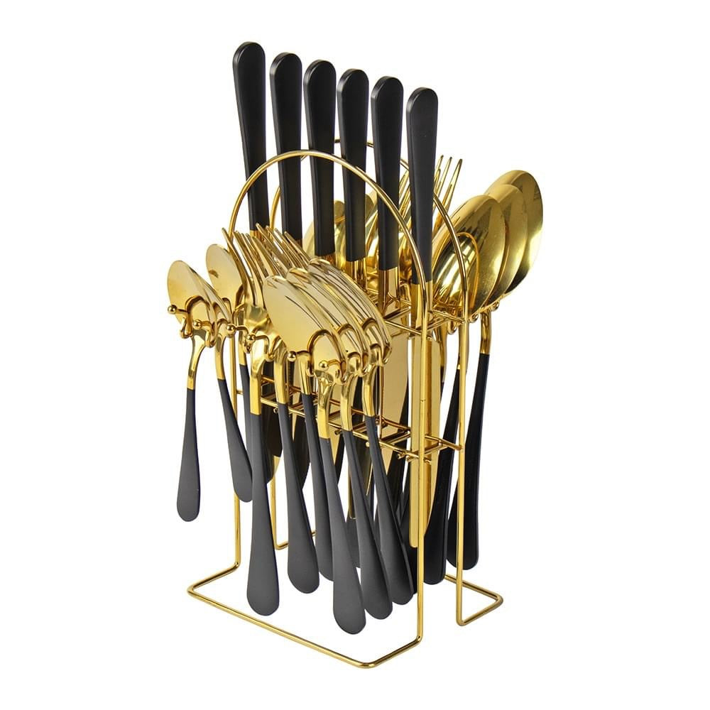 Black & Gold Cutlery Set With Stand SET24PC Black Set Of 24 - Image 1