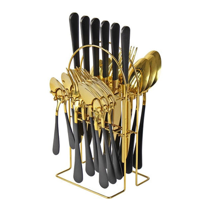 Black & Gold Cutlery Set With Stand SET24PC Black Set Of 24 - Image 1