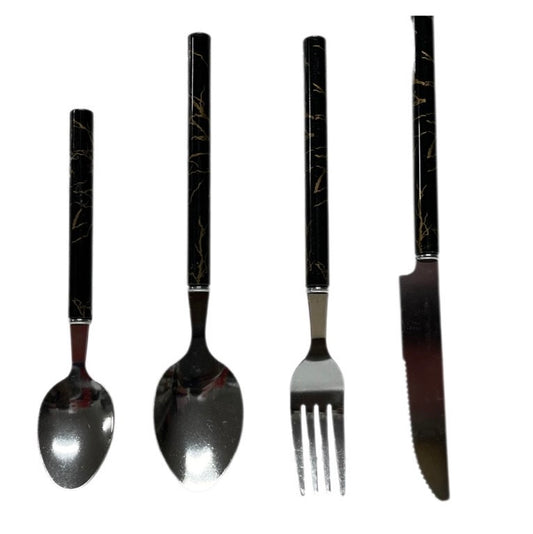 Black Marble Cutlery Set With Stand SET24PC Black Set Of 24 - Image 2