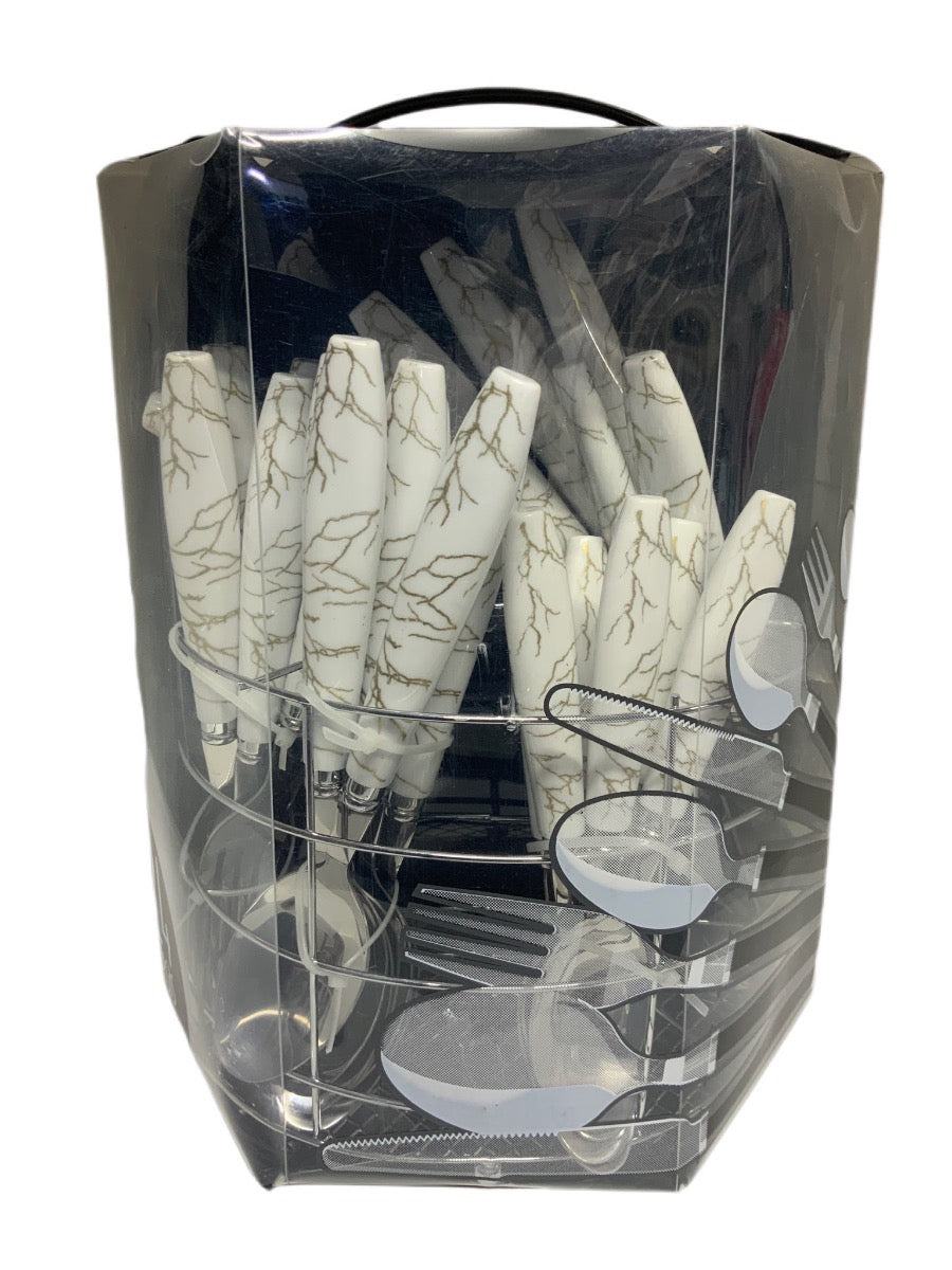 White Marble Cutlery Set With Stand SET24PC White Set Of 24 - Image 3