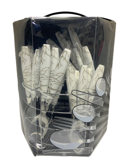 White Marble Cutlery Set With Stand SET24PC White Set Of 24 - Image 3