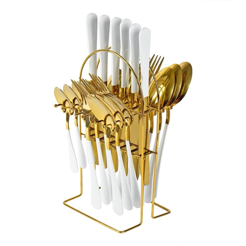 Gold & White Cutlery Set With Stand SET24PC Gold Set Of 24 - Image 1