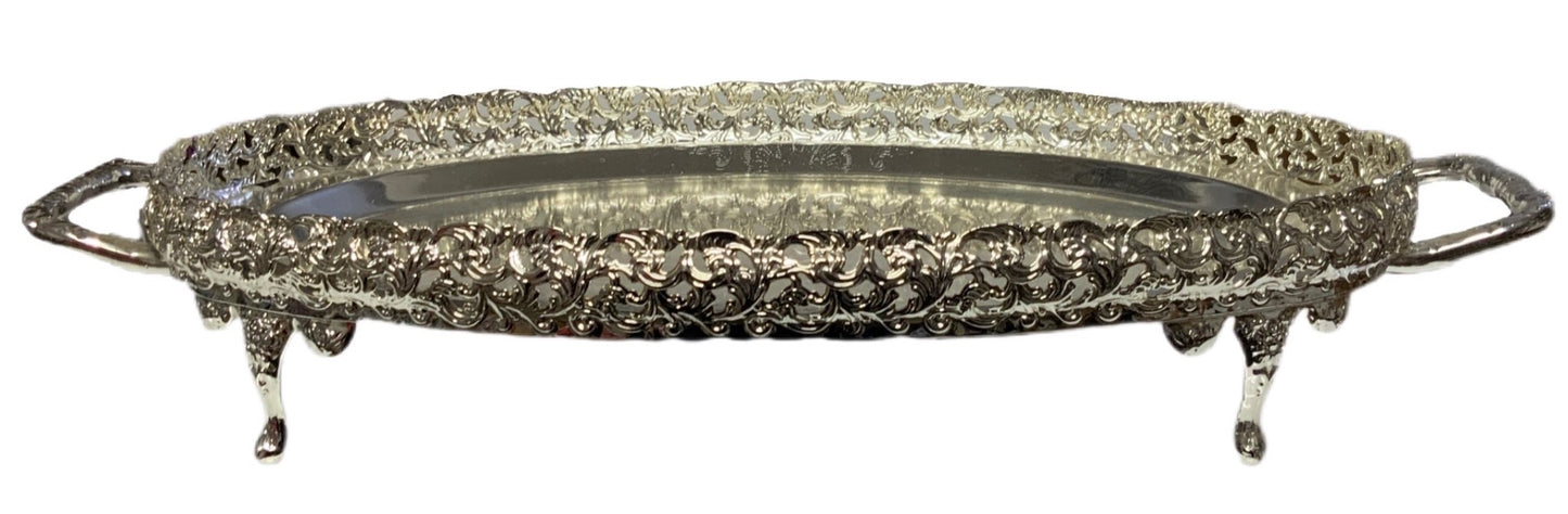 Silver Oval Paandan Tray With Ball Feet And Handle Silver - Image 2