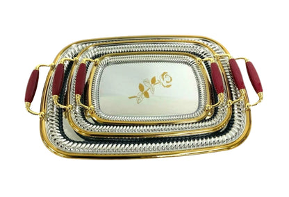 Silver Serving Tray With Gold Plated Design Rectangle Silver Set Of 3 - Image 1