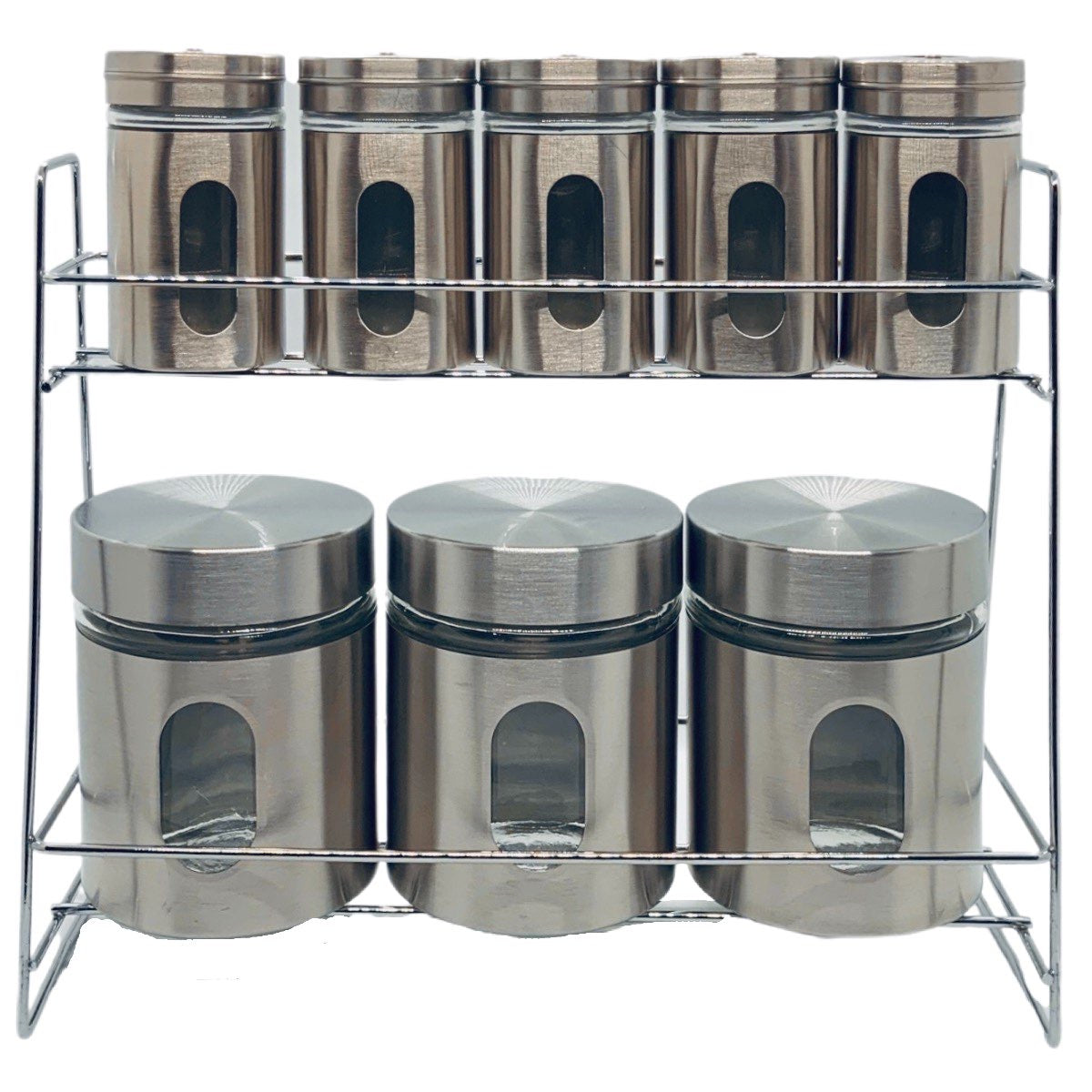 Stainless Steel Spice Jar Set On Stand Set Of 9 - Image 1