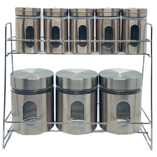 Stainless Steel Spice Jar Set On Stand Set Of 9 - Image 1