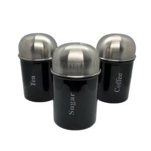 Black Coated 3Pc Tea, Sugar, Coffee Canister Set-0